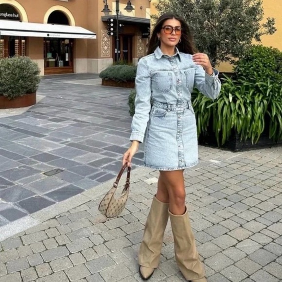 Zara Jeans Denim Long Sleeve Bruiser Stretch Frayed Mini Shirt Dress Sz M - Picture 5 of 11